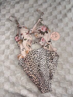 Power 2 The Flower Carly Blush Floral +  Leopard Cutout One-Piece Swimsuit Small